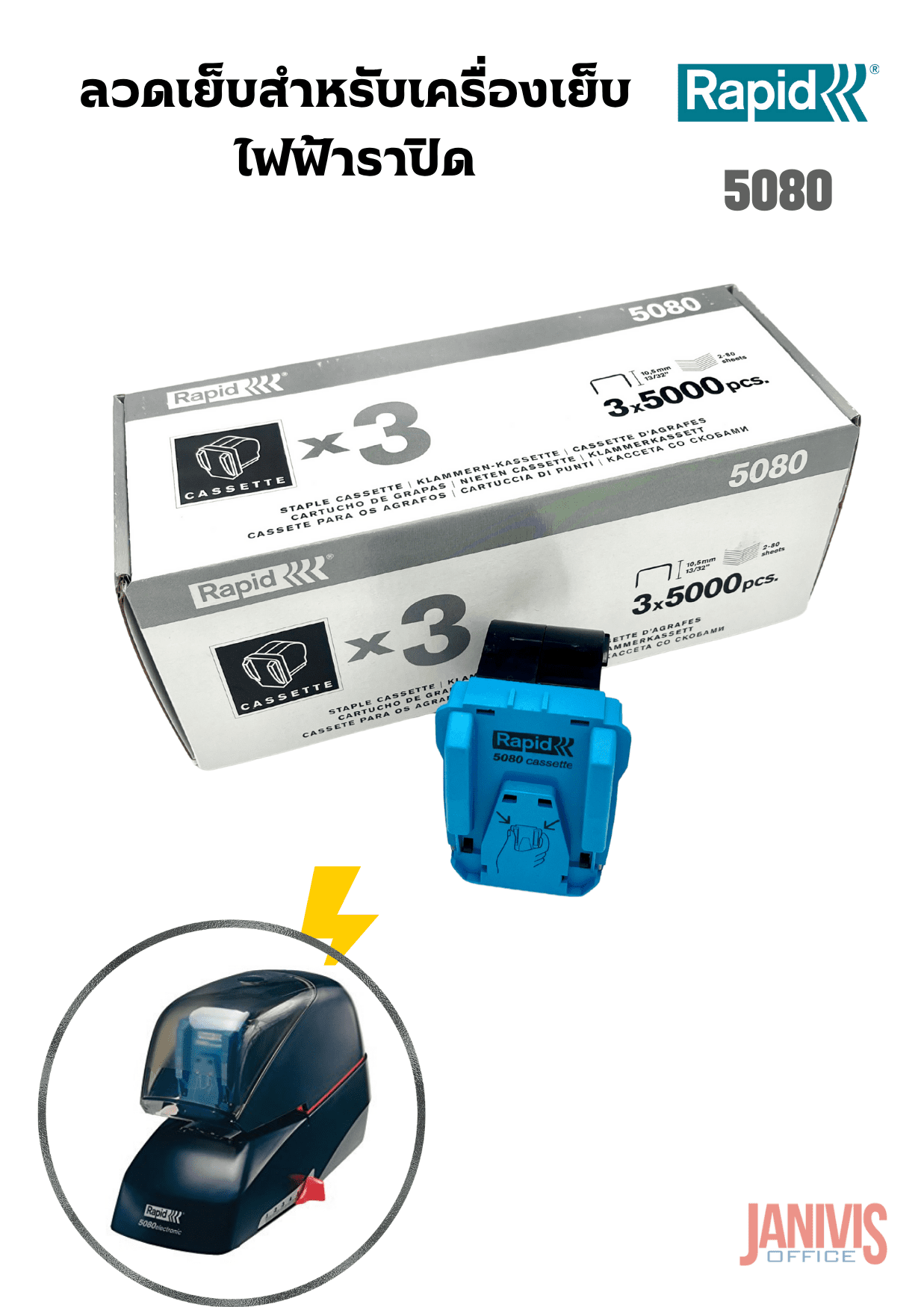 ลวดเย็บ RAPID 5080 สำหรับเครื่องเย็บกระดาษไฟฟ้า ราปิด รุ่น 5080 1 กล่อง มี 3 ตลับ